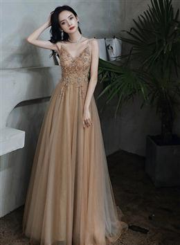 Picture of Sexy Champagne Beaded Deep V-neckline Long Party Dresses, Tulle A-line Formal Dresses Evening Dresses